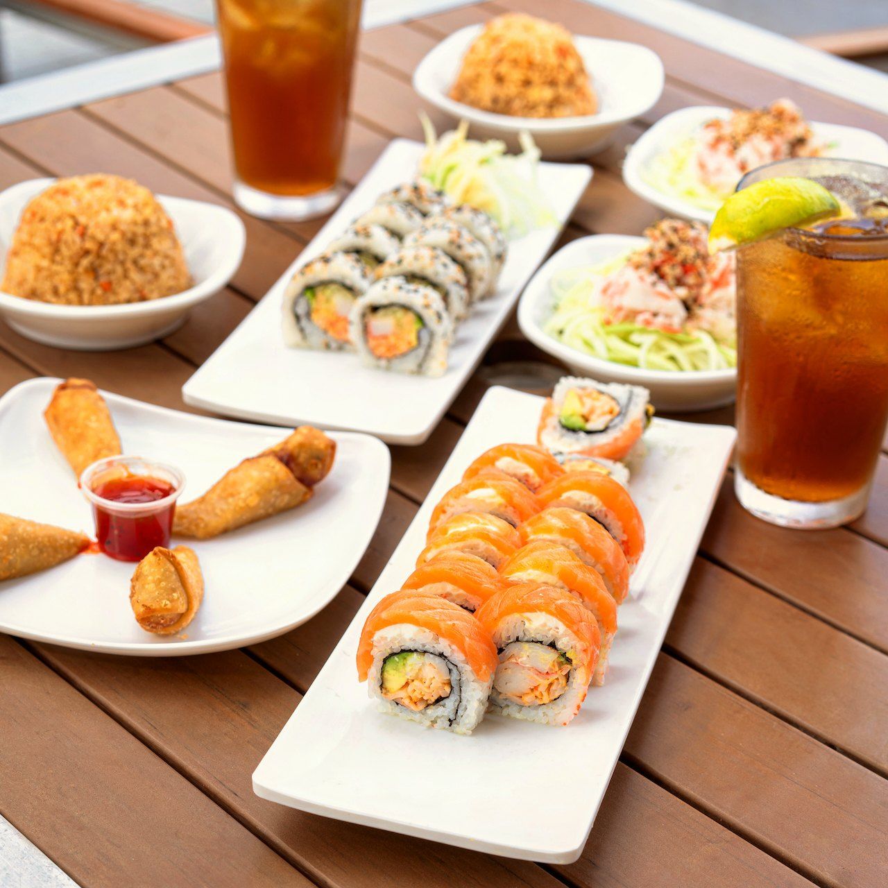 The Tuesday 2 for $24: two rolls, egg rolls, crab salads, fried rice and iced teas